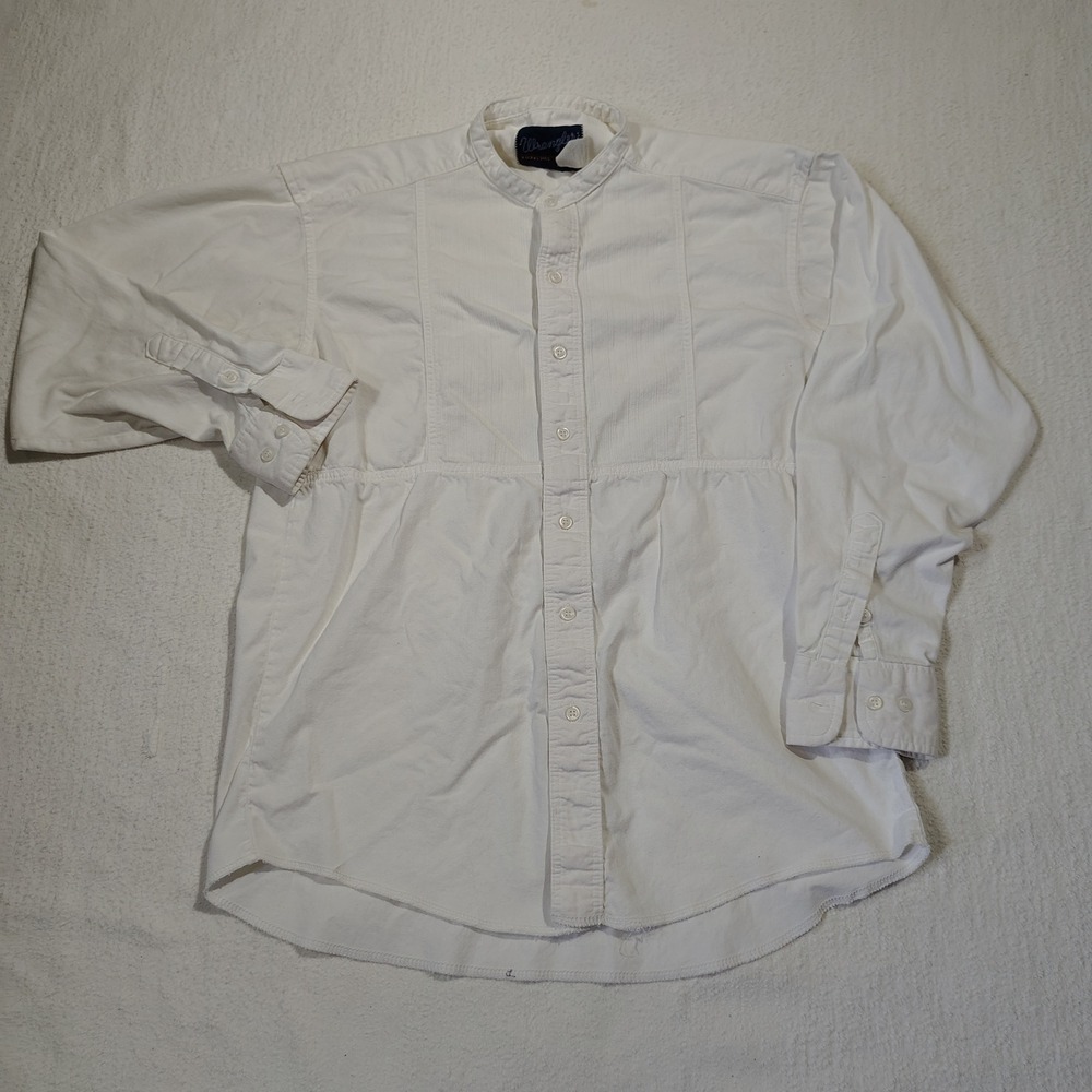 VTG Wrangler Shirt Mens Medium White Banded Collar Pleated Cotton X-Long Tails